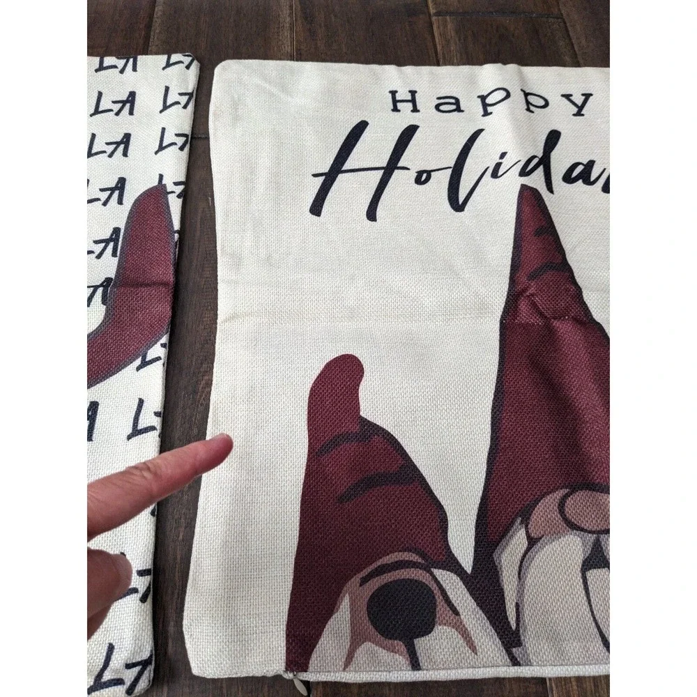 Set 4 XMAS Pillow Covers Santa Snowman Elf Reindeer Gnome Hohoho Falala *DEFECT